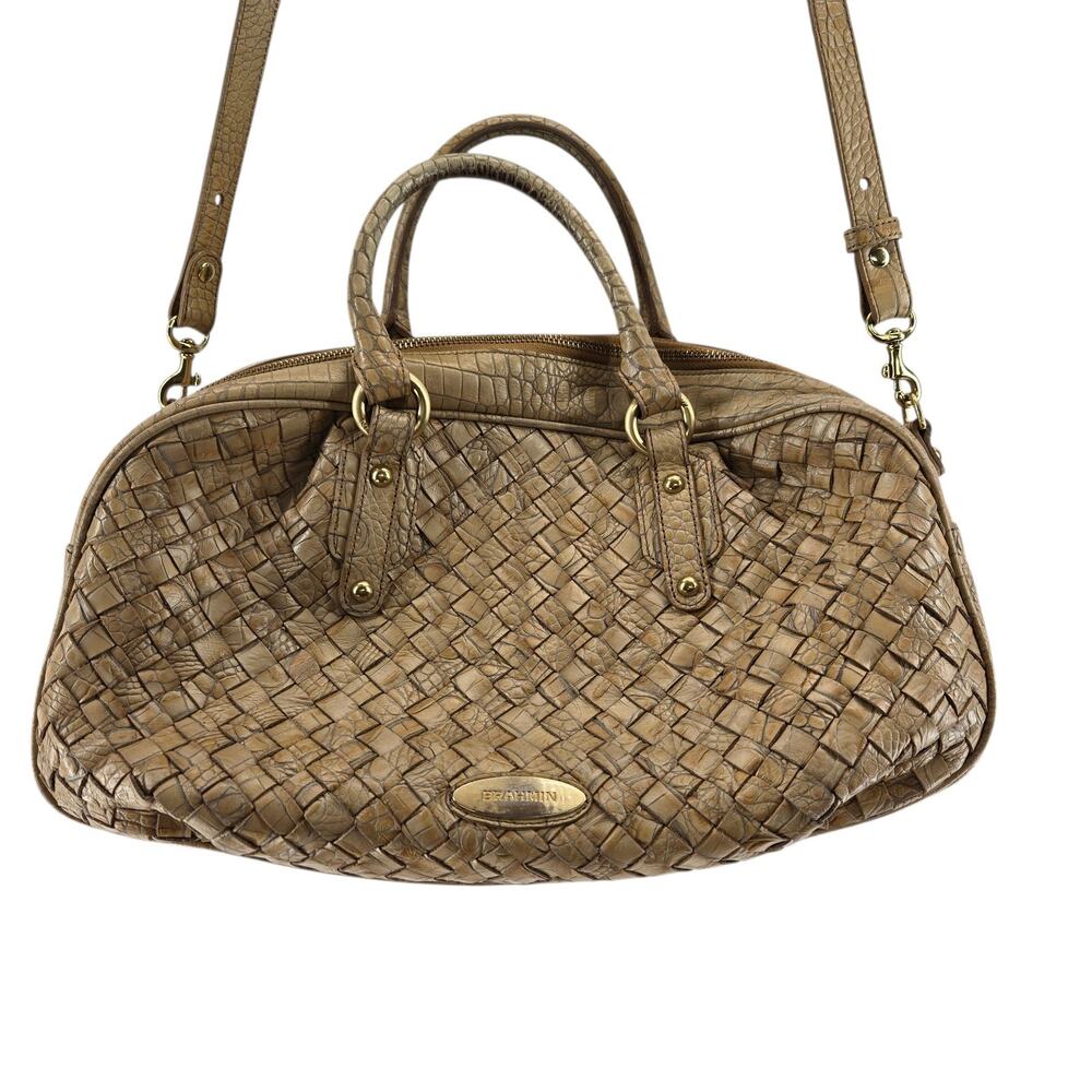 Authentic Brahmin Crossbody Satchel Tan Beige Basket Weave Gold Tone Hardware - Picture 3 of 12